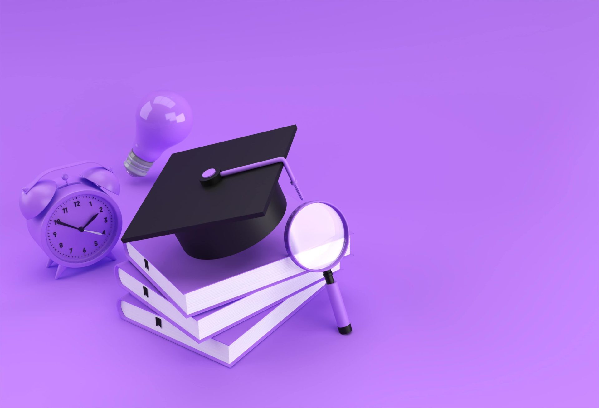 3d-rendering-graduation-cap-magnifying-glass-bulb-with-books-realistic-3d-shapes-education-online-concept-min